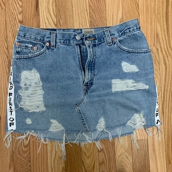 FURST OF A KIND Distressed Denim Skirt White Stripe Ripped Raw Hem Blue Jeans - Picture 1 of 6